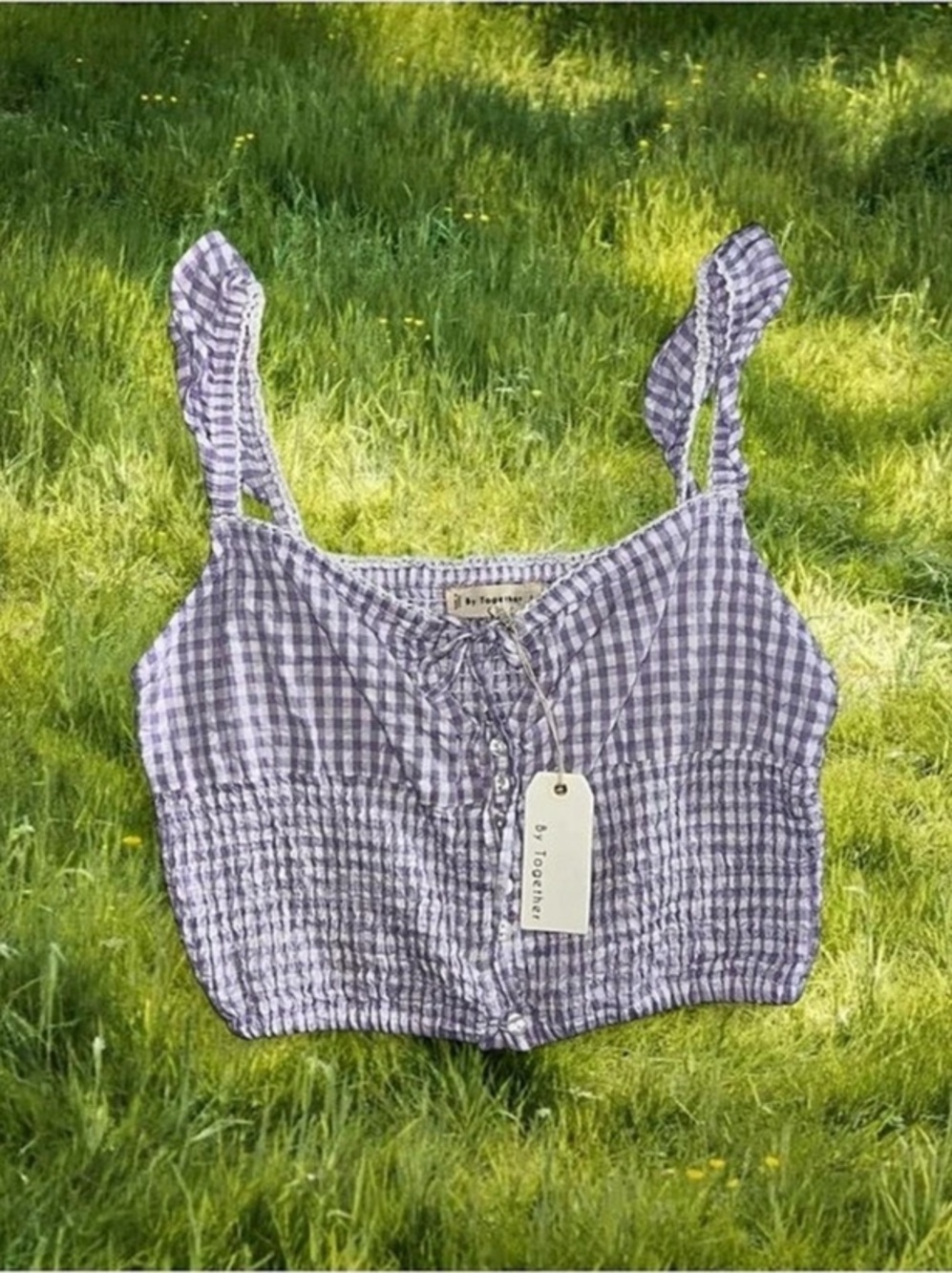 By Together Lavender Gingham Smocked Crop Tank